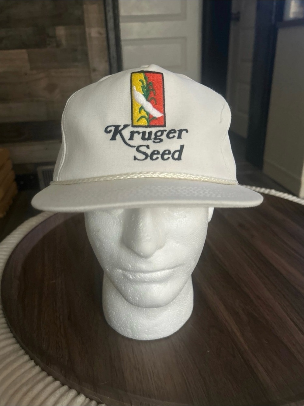 Vintage Kruger Seed Embroidered Logo White Snapback Hat